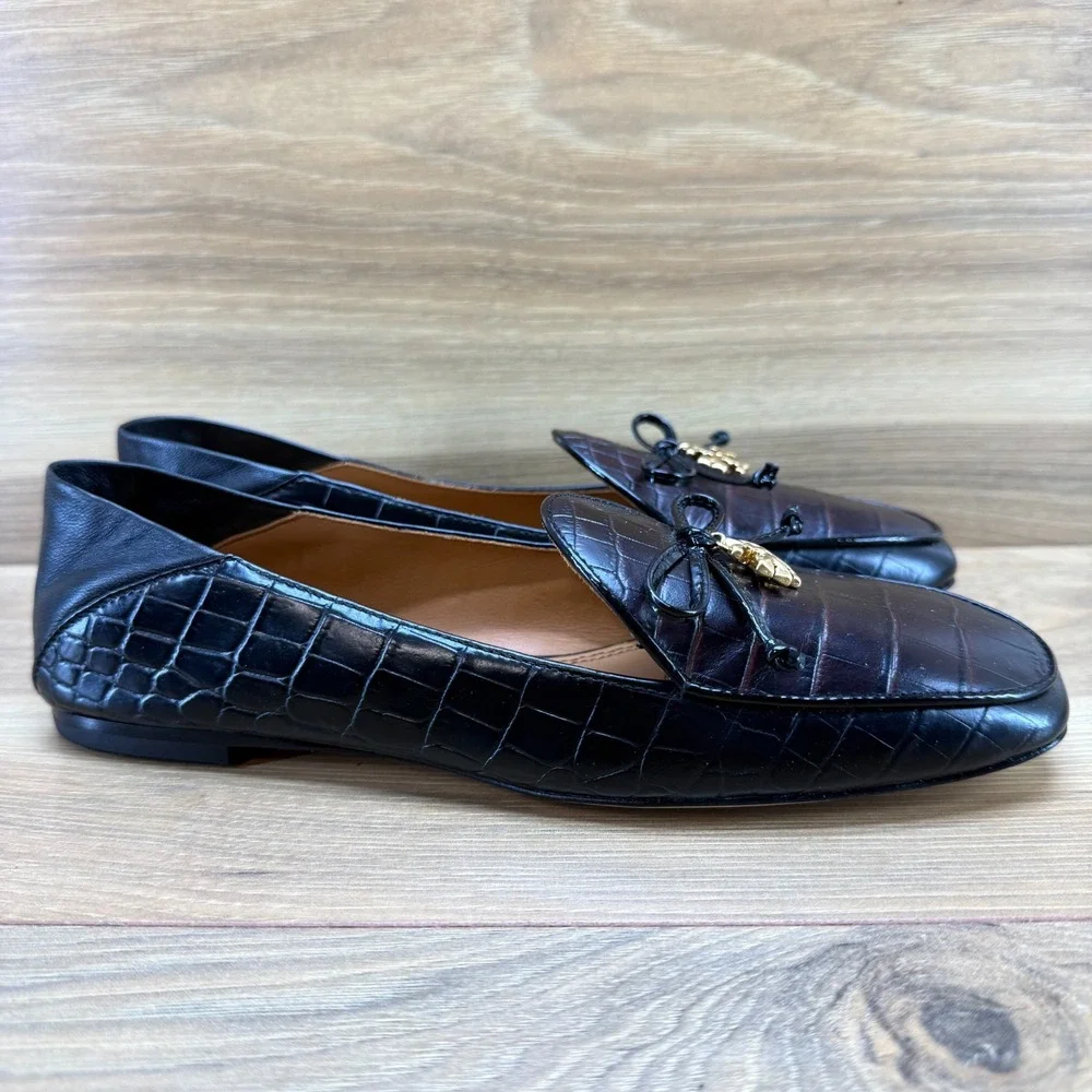 Tory Burch Charm Loafer 6 M Cocoa Croc Black Leather Bow Slip On Convertible